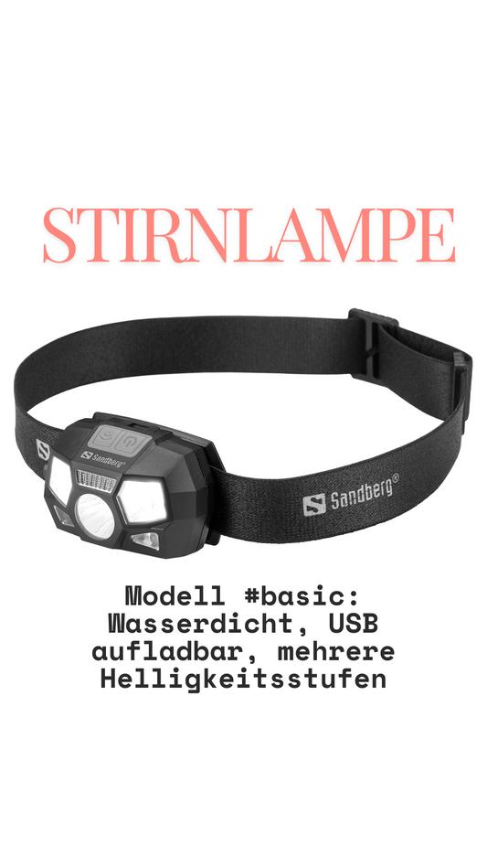 Stirnlampe #basic: Wetterfest, USB aufladbar, Helligkeitsstufen